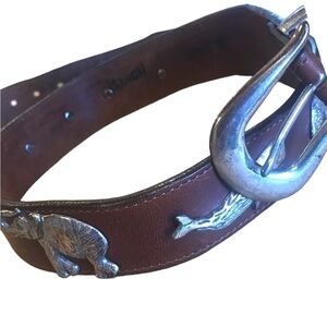 Vintage Brighton Honest Leather Brass Wildlife Belt Brown Silver Tone Size 30
